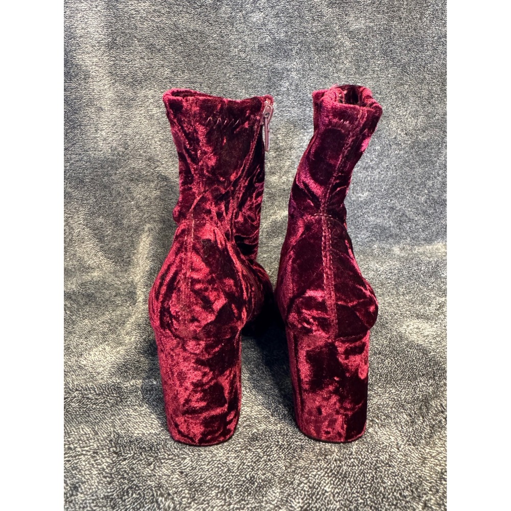 MIA Burgundy Crushed Velvet Ankle Boots Block Heel Side Zip Womens 7.5 - Picture 2 of 5
